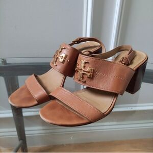 Tory Burch Everly Tan Leather Gold Logo Slingback Block Heel Sandals 8.5-9M